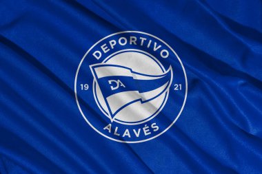 Pringsewu, Lampung 11 Mart 2025; LaLiga, İspanya 'daki Deportivo Alaves futbol kulübü logosunun arka plan dokusu. 3B illüstrasyon