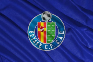 Pringsewu, Lampung 11 Mart 2025; LaLiga, İspanya 'daki Getafe CF futbol kulübü logosunun arka plan dokusu. 3B illüstrasyon
