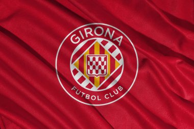 Pringsewu, Lampung 11 Mart 2025; LaLiga, İspanya 'da Girona FC futbol kulübü logosunun arka plan dokusu. 3B illüstrasyon