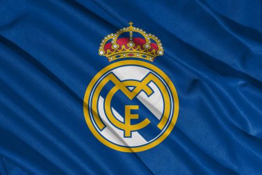 Pringsewu, Lampung 11 Mart 2025, LaLiga, İspanya 'da Real Madrid futbol kulübü logosunun arka plan dokusu. 3B illüstrasyon