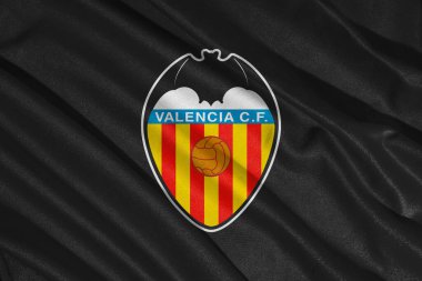 Pringsewu, Lampung 11 Mart 2025, LaLiga, İspanya 'da Valencia CF futbol kulübü logosunun arka plan dokusu. 3B illüstrasyon