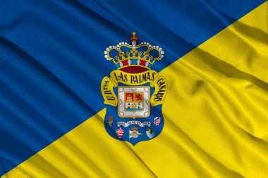 Pringsewu, Lampung 11 Mart 2025; UD Las Palmas futbol kulübü logosunun arka plan dokusu LaLiga, İspanya 'da. 3B illüstrasyon