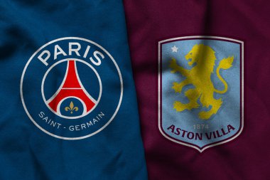 Pringsewu, Lampung; 13 Mart 2025; Paris Saint Germain futbol kulübünün kumaş logosu ve Şampiyonlar Ligi konsepti Aston Villa.