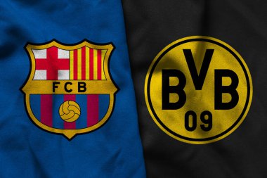 Pringsewu, Lampung; 13 Mart 2025; FC Barcelona futbol kulübünün kumaş logosu ve Borussia Dortmund, Şampiyonlar Ligi konsepti.