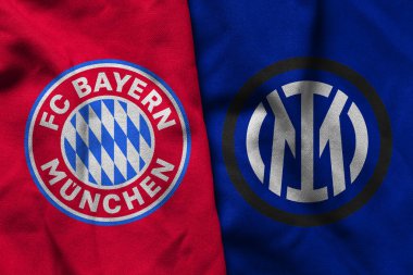 Pringsewu, Lampung; 13 Mart 2025; FC Bayern Münih futbol kulübünün kumaş logosu ve Inter Milan konsepti, Şampiyonlar Ligi konsepti