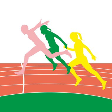 Bayrak yarışında üç kadın koşucu, bitiş çizgisinde koşucuların silüet vektörü