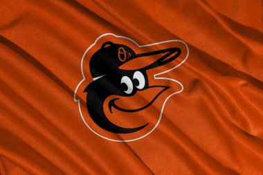 Pringsewu, lamba; 15 Mart 2025; bayraklı kumaş dokusu ve MLB Baltimore Orioles beyzbol takımı logosu, 3d illüstrasyon