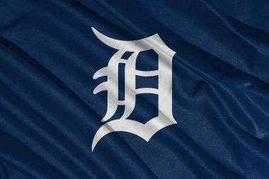 Pringsewu, lamba; 15 Mart 2025; bayrak ve MLB Detroit Tigers beysbol takımı logosu, 3d illüstrasyon