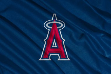 Pringsewu, lamba; 15 Mart 2025; bayrak ve MLB Los Angeles Angelsbaseball takım logosu, 3d illüstrasyon
