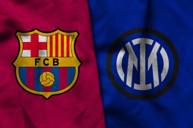 Pringsewu, Lampung; 17 Nisan 2025; FC Barcelona futbol kulübünün kumaş logosu ve Inter Milan, Şampiyonlar Ligi konsepti