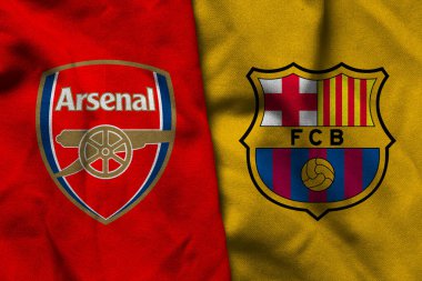 Pringsewu, Lampung; 17 Nisan 2025; FC Barcelona futbol kulübünün kumaş logosu ve Arsenal FC konsepti, Şampiyonlar Ligi konsepti