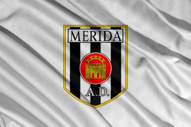 Pringsewu, Lampung 26 Nisan 2025; İspanya Primera Ligi 'ndeki Merida AD futbol kulübünün logosunun arka plan dokusu.