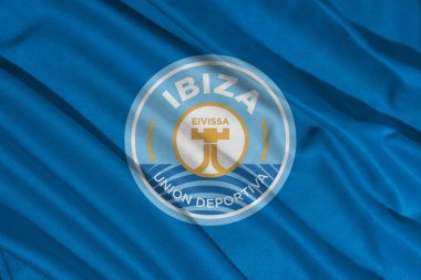 Pringsewu, Lampung 26 Nisan 2025; İspanya Primera Ligi 'ndeki İbiza Eivissa futbol kulübünün logosunun arka planı.