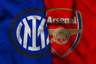 Pringsewu, Lampung; 05 Mayıs 2025; Inter Milan futbol kulübü logosu dokusunda FC Arsenal konsepti, futbol kulübünün son şampiyonu konsepti.