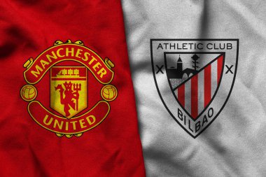 Pringsewu, Lampung; 05 Mayıs 2025; Manchester United futbol kulübü logosu kumaşı Athletic Bilbao konsepti, Avrupa Futbol Ligi konsepti