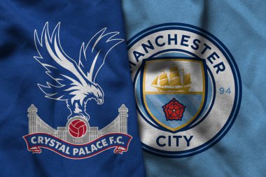 Pringsewu, Lampung; 05 Mayıs 2025; FC Crystal Palace futbol kulübü logosu FC Manchester City konsepti, FA Cup Final konsepti