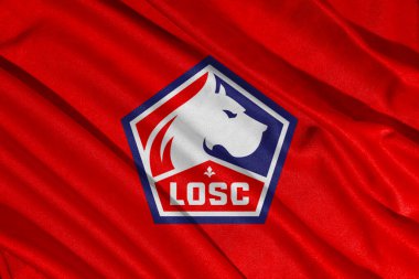 Pringsewu, Lampung 08 Mayıs 2025; Fransız Ligi futbol kulübü Losc Lille bayraklı logo arka plan dokusu. 3B illüstrasyon