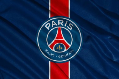 Pringsewu, Lampung 08 Mayıs 2025; Fransız ligi futbol kulübü Paris Saint Germain bayraklı logo arka plan dokusu. 3B illüstrasyon