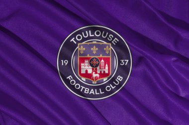 Pringsewu, Lampung 08 Mayıs 2025; Fransız Ligi futbol kulübü Toulouse bayrak logosu arka plan dokusu. 3B illüstrasyon