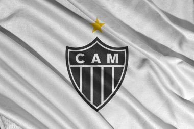 Pringsewu, Lampung Mayıs 08, 2025; Brezilya futbol kulübü Atletico Mineiro logosu ve dalga dokusu geçmişi. 3B illüstrasyon