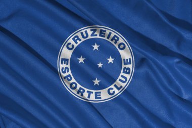 Pringsewu, Lampung Mayıs 08, 2025; Brezilya futbol ligi Cruzeiro logosu ve dalga dokusu arka planı. 3B illüstrasyon