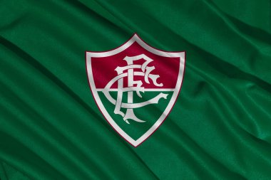 Pringsewu, Lampung 08 Mayıs 2025; Brezilya futbol ligi Fluminense logosu ve dalga dokusu arka planı. 3B illüstrasyon