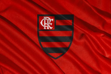 Pringsewu, Lampung Mayıs 08, 2025; Brezilya futbol kulübü Flamengo logosu ve dalga dokusu arka planı. 3B illüstrasyon