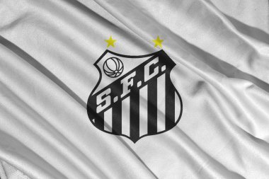 Pringsewu, Lampung Mayıs 08, 2025; Brezilya futbol kulübü Santos logosu ve dalga dokusu geçmişi. 3B illüstrasyon