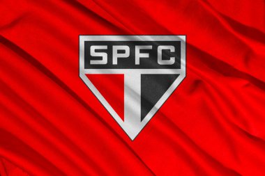 Pringsewu, Lampung 08 Mayıs 2025; Brezilya Futbol Ligi kulübü Sao Paulo logosu ve dalga dokusu arka planı. 3B illüstrasyon