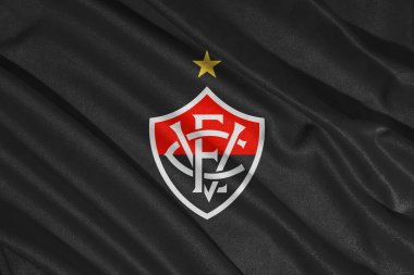 Pringsewu, Lampung 08 Mayıs 2025; Brezilya futbol ligi Vitoria logosu ve dalga dokusu arka planı. 3B illüstrasyon