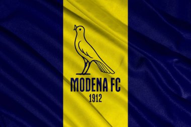 Pringsewu, Lampung 08 Mayıs 2025; İtalyan Serie B futbol kulübü Modena 'nın bayrak logosunun arka plan dokusu. 3B illüstrasyon