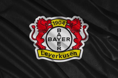 Pringsewu, Lampung 10 Mayıs 2025; Bundesliga 'daki Bayer 04 Leverkusen futbol kulübünün bayrak logosunun arka planı. 3B illüstrasyon