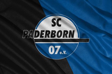 Pringsewu, Lampung 10 Mayıs 2025; Paderborn futbol kulübünün ikinci Bundesliga 'daki bayrak logosunun arka plan dokusu. 3B illüstrasyon