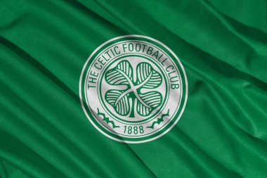 Pringsewu, Lampung 12 Mayıs 2025; İskoçya Premier Ligi Celtic futbol kulübünün bayrak logosunun arka plan dokusu. 3B illüstrasyon