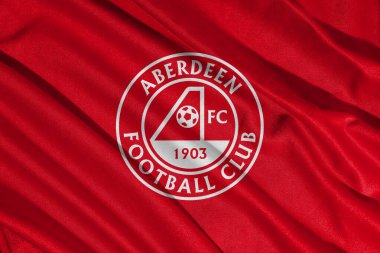Pringsewu, Lampung 12 Mayıs 2025, İskoç Premier Ligi Aberdeen futbol kulübünün bayraklı logosu. 3B illüstrasyon