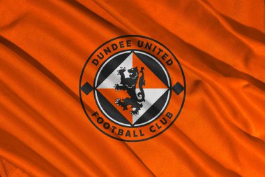 Pringsewu, Lampung 12 Mayıs 2025; İskoçya Premier Ligi Dundee United futbol kulübünün bayrak logosunun arka planı. 3B illüstrasyon