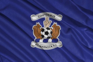 Pringsewu, Lampung 12 Mayıs 2025; İskoçya Premier Ligi Kilmarnock futbol kulübünün bayrak logosunun arka planı. 3B illüstrasyon