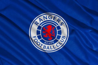 Pringsewu, Lampung 12 Mayıs 2025, İskoçya Premier Ligi Rangers futbol kulübünün bayrak logosu. 3B illüstrasyon