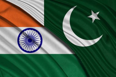 Kalıplı kumaş dalgalanan Hint bayrağı çapraz Pakistan ulusal bayrağı ile birleştirilmiş, 3d illüstrasyon