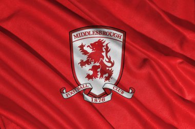 Pringsewu, lamba 25 Mayıs 2025; efl şampiyonasında Middlesbrough futbol kulübü logosu seçici odak noktası, 3d illüstrasyon