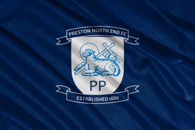 Pringsewu, lamba 25 Mayıs 2025, efl şampiyonasında Preston North futbol kulübü logosu seçici odak noktası, 3d illüstrasyon
