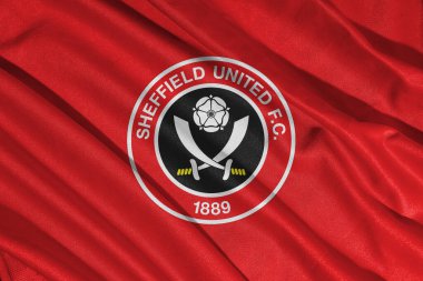 Pringsewu, lamba 25 Mayıs 2025, efl şampiyonasında Sheffield United futbol kulübü logosu seçici odak noktası, 3d illüstrasyon