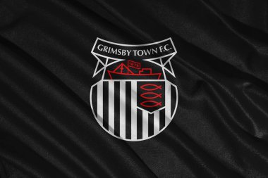 Pringsewu, lamba 25 Mayıs 2025; Lig 2 efl, 3D illüstrasyon Grimsby Town futbol kulübünün logosunun deseni