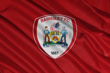 Pringsewu, lamba 25 Mayıs 2025, Barnsley futbol kulübü logosunun seçici odak noktası efl lig bir şampiyonluğu, 3d illüstrasyon