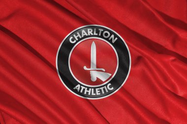 Pringsewu, lamba 25 Mayıs 2025, Charlton Atletizm Futbol Kulübü logosunun seçici odak noktası efl ligi bir şampiyonluk, 3d illüstrasyon