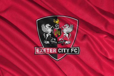 Pringsewu, lamba 25 Mayıs 2025; Exeter City futbol kulübü logosunun seçici odak noktası efl League 1 şampiyonluğu, 3d illüstrasyon