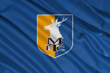 Pringsewu, lamba 25 Mayıs 2025; Mansfield Town futbol kulübü logosunun seçici odak noktası efl ligi bir şampiyonluk, 3d illüstrasyon