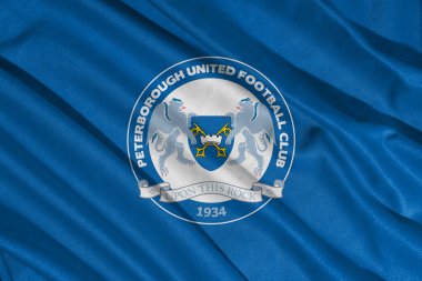 Pringsewu, lamba 25 Mayıs 2025; efl League 1 şampiyonasında Peterborough futbol kulübü logosu seçici odak noktası, 3d illüstrasyon