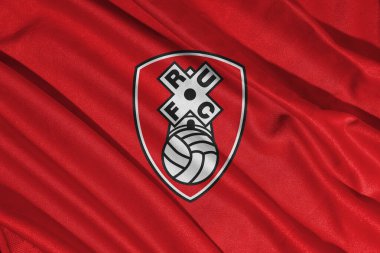 Pringsewu, lamba 25 Mayıs 2025; Rotherham United futbol kulübü logosunun seçici odak noktası efl ligi bir şampiyonluk, 3d illüstrasyon