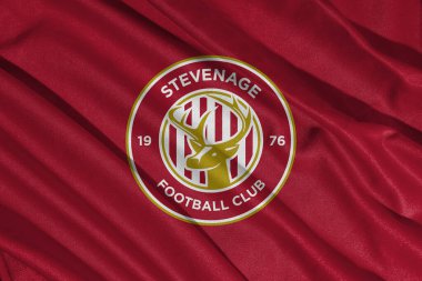 Pringsewu, lamba 25 Mayıs 2025; Efl League 1 şampiyonasında Stevenage futbol kulübü logosu seçici odak noktası, 3d illüstrasyon